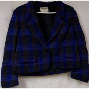 Vtg Jaeger Wool Sz 14To Fit Pockets Blue Black Plaid one Button Blazer Jacket